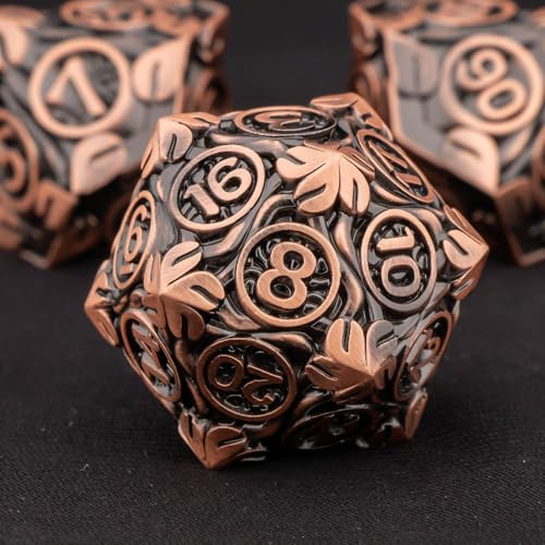 KERWELLSI DND-Würfel-Set aus Metall, 7-teilig, Naturranken, Blätter, Rollenspiel-Würfel mit Geschenk-Box, Kupfer-Dungeons Dragons, D- und D-Spielwürfel, D20, D12, D10, D8, D6, D4