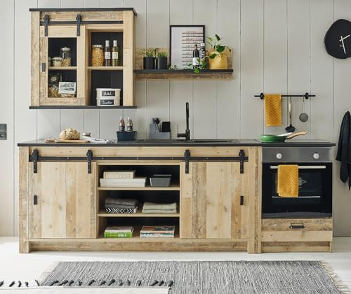 Furn.Design Küchenzeile in Used Wood hell und grau/anthrazit Küchenschrank Set 4-teilig Singleküche Landhaus-Stil Breite 264 cm Stove (Set 2)