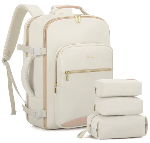 LOVEVOOK Handgepäck Rucksack, 40L Groß Reiserucksack Damen Flugzeug Koffer 45x36x20, Wasserdicht Travel Backpack mit 17 Zoll Laptopfach für Reise Business Geschäftsreise Weekend Wandern, Beige
