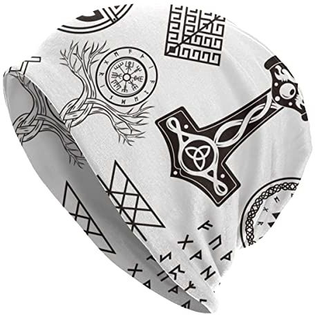 JHBTFQ Wikinger Beanie-Mütze für Herren Damen Stricken Doppellagig Skullies Herbst Sommer Odin-Mythos Nordisches Geschenk,Viking symbols,One Size