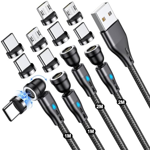 TUNKIA Magnetic Charging Cable 4-Pack[1M/1M/2M/2M], 7PIN 540° Rotating Magnetic Phone Charger Cable Fast Charger and Data Transfer for Micro USB, USB C and i-Product Device