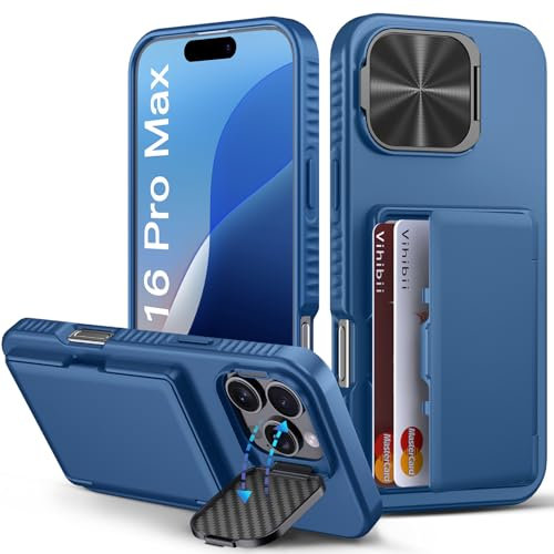 Vihibii for iPhone 16 Pro Max Case with Card Holder (4-5 Cards), Camera Cover Stand, Military Grade Protection, Shockproof Heavy Duty Rugged Silicone Women Men Wallet Case for iPhone 16 Pro max, Blue