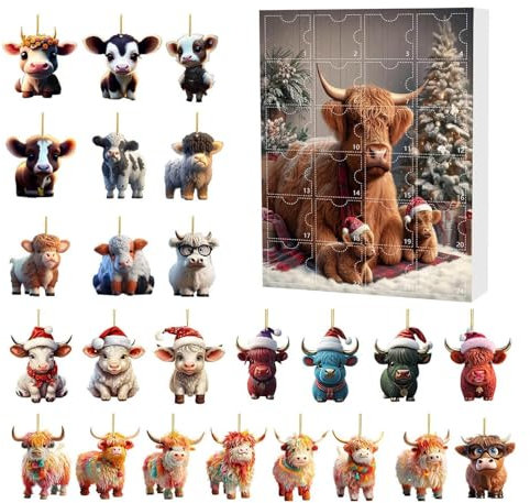 Weihnachts-Adventskalender, 2024, 24 Tage, Countdown-Kalender, Ornament – Weihnachten zum Sammeln von Highland Cow 2D Acryl – Countdown-Kalender für 24 Tage