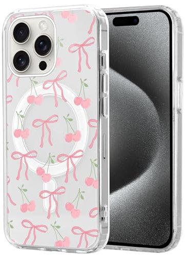 Phoona Magnetic Bow Case for iPhone 16 Pro 6,3, Compatible with Magsafe Cute Girls Preppy Design, Clear Cherry Aesthetic Pattern Silicone Women Protective Cover for iPhone 16 Pro, Pink