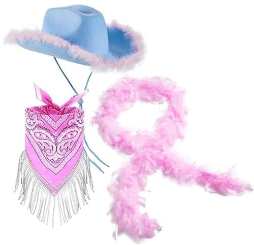 XITEA Chapeau de cowboy long à franges pour femme, Fourrure bleu rose, 3