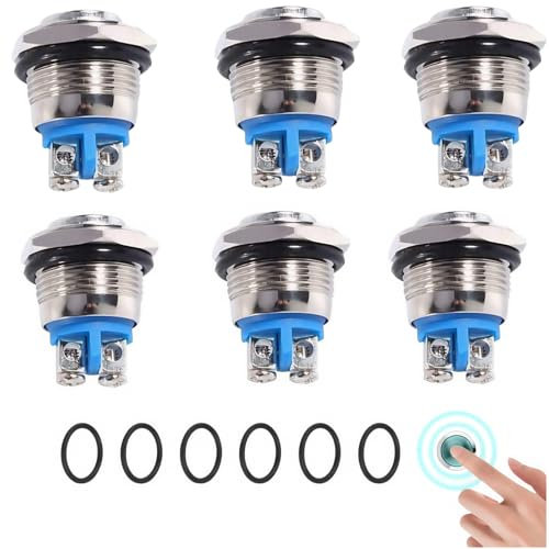 Pulsador Paquete de 6 Botones Momentáneos de 16 mm 3A/250 VAC 5A/12V DC Botón de Encendido Impermeable Pequeño Redondo de Acero Inoxidable Cromado de Metal de 2 Pines Normalmente Abierto (cabeza alta)
