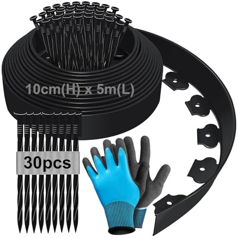 Bordure de Jardin Flexible 5m, Bordure Jardin Exterieur Hauteur 10cm, Bordure Jardin Plastique, Bordurette de Jardin, Garden Edging, Bordure de Tonte, avec Gants et 30 Ongles - Noir