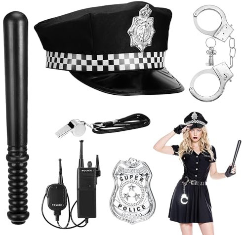 FENYW Polizei Kostüm Zubehör, 6 Stück Polizei Kostüm Set mit Polizeiabzeichen, Polizeimütze, Brille, Handschellen, Walkie-Talkie, Pfeife, für Kinder, Karneval Kostüm für Damen Herren