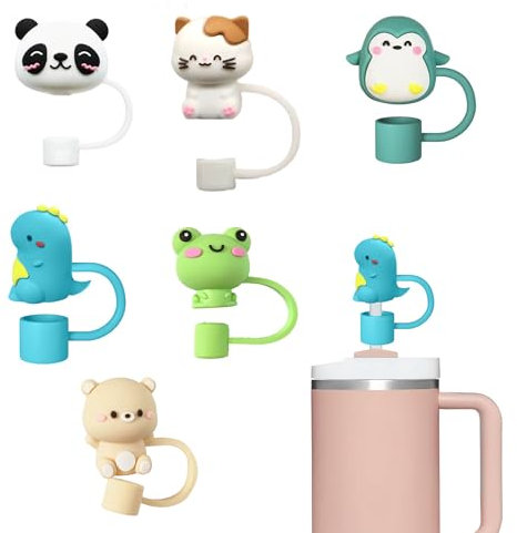 7PCS Cute Animal Straw Covers for 30/40 oz Tumbler with Handle, Silicone Straw Topper Cap Dust-Proof Accessories, Fits 10mm Straw Opening – No Straw Included