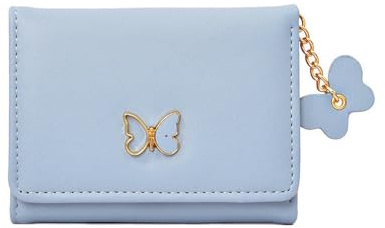 XFSRG Geldbörse Damen PU Elegante Schleife Süße Geldbeutel Glattem und Weichem Dreifach Gefaltet Mini Kurzer Portemonnaie(Blau)