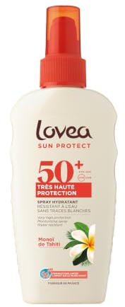 LOVEA - Spray Hydratant FPS50+ Très Haute Protection Solaire UVA-UVB - Monoï de Tahiti - Visage & Corps - Résiste à l'eau - Anti-Traces Blanches - Testé Dermatologiquement - Fabriqué en France - 150ml