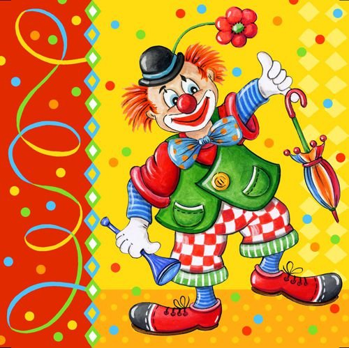 100 Servietten, 3-lagig, 1/4-Falz, 33 cm x 33 cm, Clown, Papstar, 82448