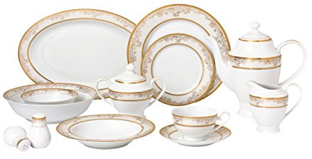Lorren Home Trends Juego de vajilla de porcelana de hueso, 57 piezas, para 8 personas, color dorado