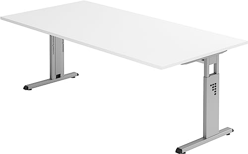 Bümö höhenverstellbarer Schreibtisch O-Serie 200x100 cm in weiß, Gestell in Silber - großer PC Tisch für's Büro manuell höhenverstellbar, Computertisch verstellbar