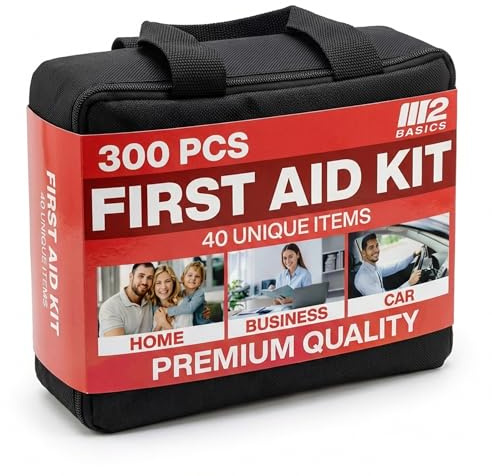 M2 BASICS 300 Piece First Aid Kit, 40 Items, Compact Emergency Medical Kit with Durable Carry Bag for Home, Car, Travel, Office, Camping