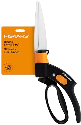 Fiskars Shear Ease Grass Shears - 5 Stainless Steel Blades - 360-Degree Swivel Blade Plant Cutting Scissors - Garden Shears and Grass Cutter, Black