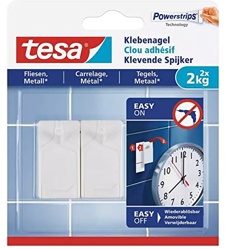 tesa® Klebenagel für Fliesen und Metall, spurlos wiederablösbar (2 kg / 3er Pack = 6 Nägel)