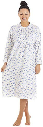 Camille Ladies Long Sleeved Nightdress- Heavyweight Floral Womens Nightwear - Cotton Nightie Neck Button Fastening Blue 14-16