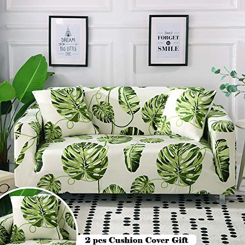 Mateju Elastisch Sofa Überwürfe Sofabezug 1 2 3 4 Sitzer L Form Ecksofa, Tropische Pflanzen Antirutsch Armlehnen Sofabezug Cover in Leder Stretch + 2 x Kissenbezüge Sofahusse (4 Sitzer,Grünes Blatt)