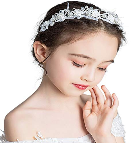 IYOU Prinzessin Weiße Blume Haarschmuck Kommunion Mädchen Weiss Kopfschmuck Perlen Haar Kleid Kristall Braut Hochzeit Haarschmuck für Blumenmädchen
