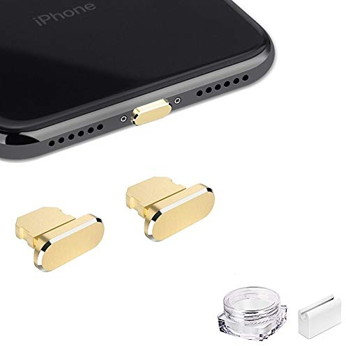 VIWIEU Metall-Anti-Staub-Stecker für iPhone 13, 12, Mini Pro Max 11, iPad AirPods, 2 Aluminium-Lightning-Ladeanschluss-Abdeckung, 8, 7 Plus mit Steckerhalterung und Aufbewahrungsbox (Gold)