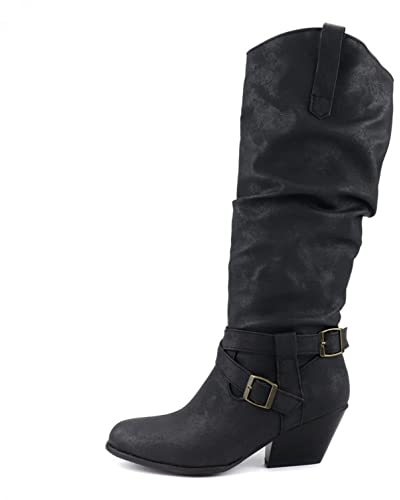 Stivali Donna Slip-On Zeppe Ginocchio Tacco Quadrato Nudo Stivaletti Casual Medi (39,Nero)