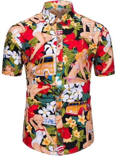 fohemr Funky Hawaiian Shirts for Men Short Sleeve Tropical Button Down Summer Beach Shirts Hula Girls Black XX-Large