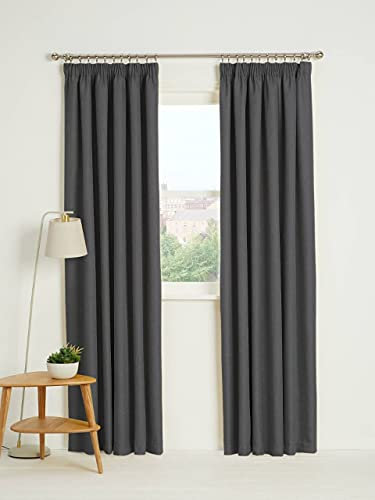 Kinfolk Textile Blackout Thermal Pencil Pleat Tape Top Insulated Pair of Blackout Curtains Including 2 Tiebacks (Charcoal Grey, 46 x 54)