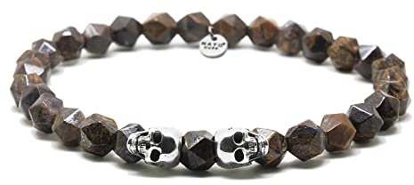 Nato Cuff - 925 Sterling Silber Totenkopf Skull Armband - Bronzite Perlen Halbedelsteine - Herren und Damen schmuck Handgefertigt in Frankreich (Medium 17cm)