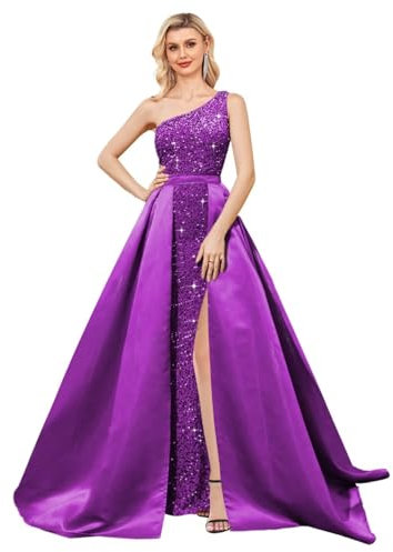 Vestido de graduación con lentejuelas de un hombro para mujer, con cola desmontable, largo, de satén, vestidos formales brillantes con capa, Fucsia, 14