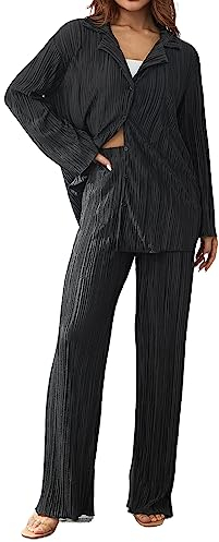 Geagodelia Zweiteiler Damen Plissee Outfit Kleidung Elegant Hosenanzug 2 Teiler Set Weite Hose + Button Down Langarmshirt Loungewear Streatwear Anzug Sommer (A - Schwarz, M)