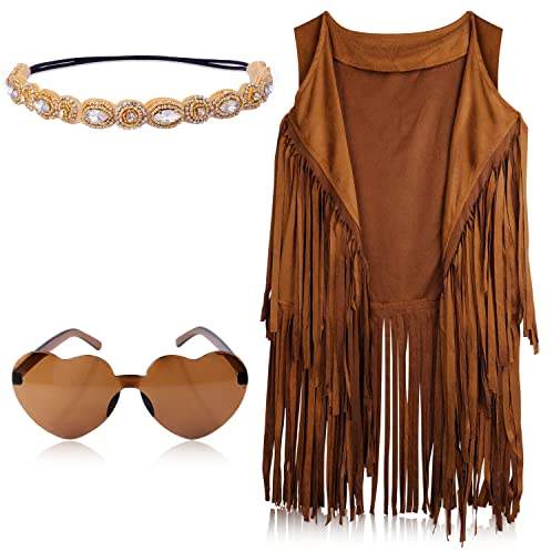 KINBOM Hippie Kostüm Set Damen, 60er 70er Hippie Costume Set Bohemian Hippie Kostüm Damen Accessoires Set Fransen Weste Stirnband Herz Sonnenbrille für Damen (XL)