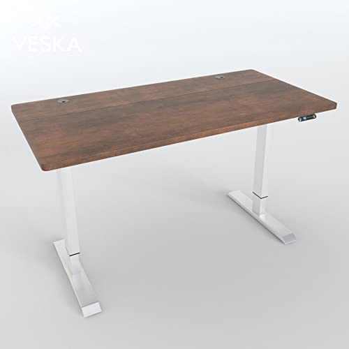 VESKA Höhenverstellbarer Schreibtisch (140 x 70 cm) - Sitz- & Stehpult - Bürotisch Elektrisch Höhenverstellbar mit Touchscreen & Stahlfüßen (Weiß/Antik)