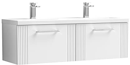 nuie DPF194F Deco Modern Bathroom Wall Hung 2 Drawer Part Fluted Vanity Basin Unit with Twin Ceramic Basin, 1200mm, Satin White