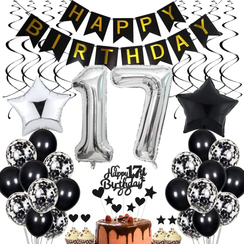 17. Geburtstag Dekoration - Schwarz Tortendeko für Junge und Mädchen, Black and White Party Deko, Geburtstagsdeko 17 Jahre