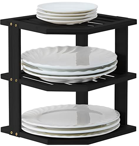 YOUDENOVA Organizador de vajilla de bambú, 25 x 25 x 25 cm, 3 niveles para estante de cocina, escurridor de platos, color negro