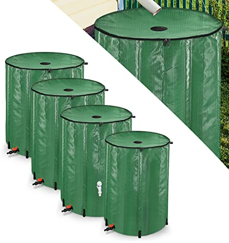 NAIZY Barril De Lluvia 200 litros Plegable con Lona De PVC Y 6 Postes De Apoyo Y Tanque De Agua del Grifo De Drenaje, Verde 50 Galones
