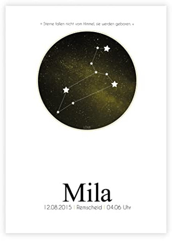 Personalisiertes Bild „Sternzeichen” mit Geburtsdaten, zur Geburt, Horoskop, Baby, zur Taufe, Kinderzimmer, Deko verschiedenen Farben, mit und ohne Bilderrahmen (Gelb)
