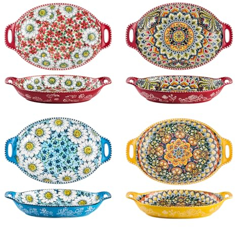 Henten Home Saladier Style Bohème, Bols fait à la Main - 950ml, Assiettes Creuse à Soupe 4 Pièces pour Petit Dejeuner, Soupe, Ramen, Fruit, Salade - Services de Table