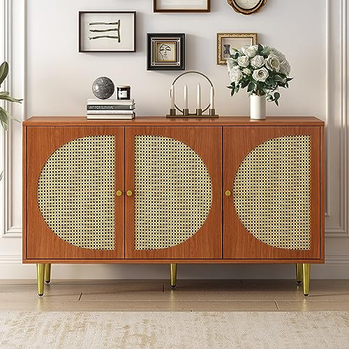 BTM Buffet Salon, Classique 3 Portes en Rotin, Poignée en Métal Meuble Rangement, Bahut Salle Manger pour Chambre Salon, 130 x40x76cm, Brun & Bois