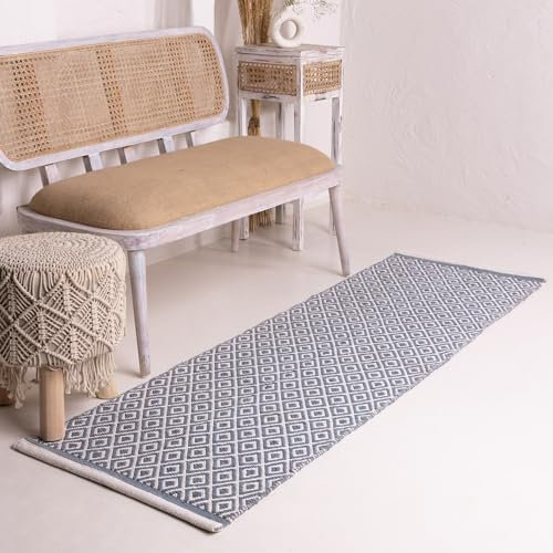 RAJRANG Diamond Tapis de couloir en coton tissé à la main réversible à carreaux – Tapis d'entrée géométrique, lavable en machine, durable – gris, 0,6 x 1,8 m