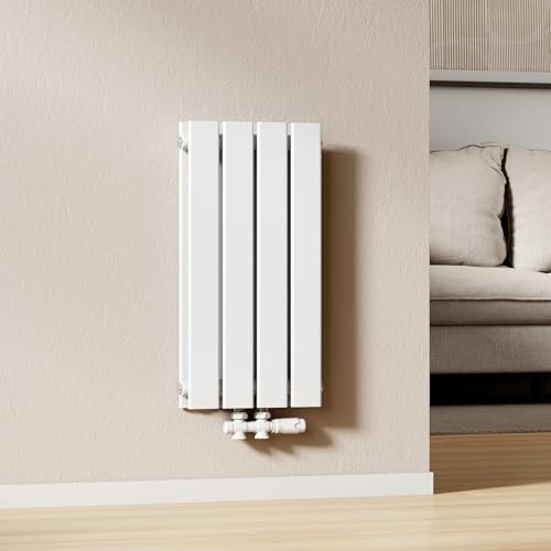 EMKE Radiatore ad acqua calda 60x30 cm, Radiatore piatto a doppio strato con attacco centrale, Design montaggio verticale a parete, termoarredo verticale, Bianco