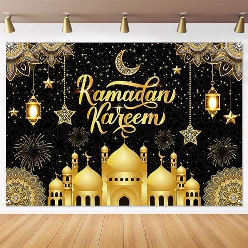 Großes Ramadan Mubarak Banner Deko mit Schnur, 180 x 110 cm Großer Muslimischer Umrah Mubarak Fotoautomaten Hintergrund für Eid Partyzubehör (Black)