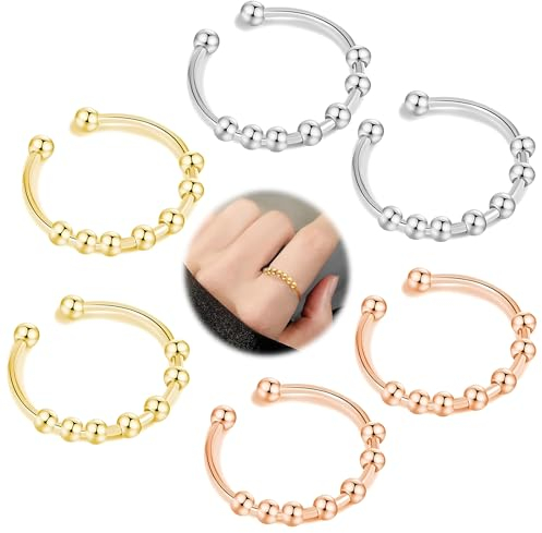 Jormftte 6 Stück Anxiety Ring, Damen Anti Stress Ring, Angst Ring Verstellbar, Edelstahl Dekompressionsringe Set, Ring Spinner Ring, Ring Mit Perlen Für Frauen Herren (Silber/Gold/Roségold)