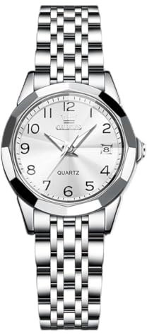 OLEVS Damen-Armbanduhr, britisches Business-Kleid, klein, Edelstahl, analog, Quarz, Datum, wasserdicht, Silber und Weiß, Armband