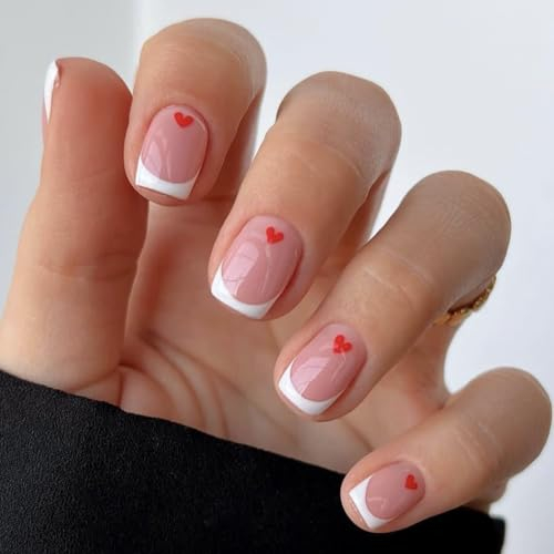 Brishow La Saint Valentin Faux Ongles Rouge Cœur Press on Nails French Court Rose Faux Ongles à Coller Ballerine Acrylique 24pcs pour Femmes et Filles (e)