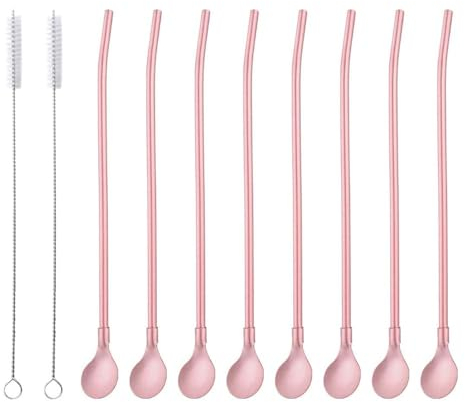 SBOMHS Wiederverwendbare Strohhalme Löffel 18/8 Edelstahl 8 Stück Trinkhalmlöffel mit 2 Bürsten Cocktail Latte Macchiato Löffel 21,5CM (Rosa)