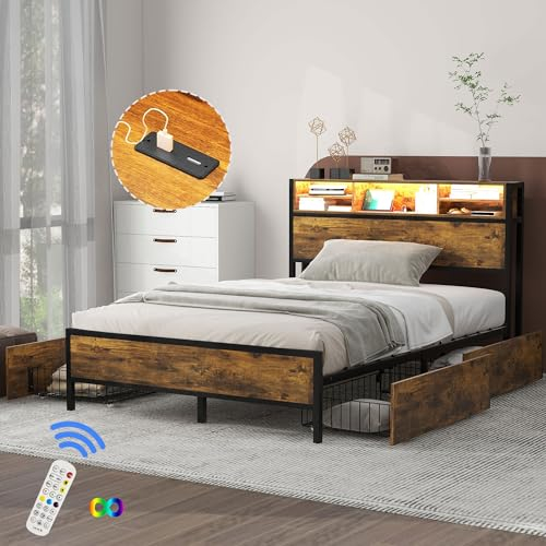 DuraB Metallbett 140x200 cm,Doppelbett Holzbett Metallbett,LED-Bett mit USB-Ladeanschluss,4 Schubladen mit Metall Lattenrost und mit Stauraum-Kopfteil Ehebett Gästebett Erwachsene, Kinder