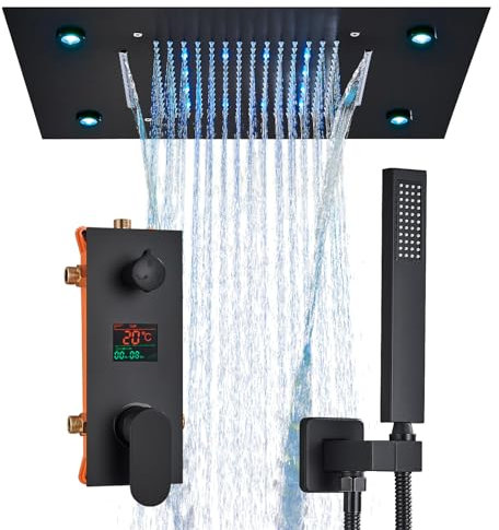 Hevenaov Unterputz Duscharmatur Set Schwarz 49x35cm Unterputz Duscharmatur 3 Funktionen Digitalanzeige Hochwertiges Anti-Verbrüh Duscharmatur Unterputz Handbrause aus Messing