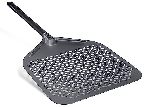 NUTUNI Pelle à pizza perforée en aluminium anodisé dur 36 cm, pelle à pizza en aluminium de 36 cm, grande pelle à pizza pour la cuisson de pizzas et de pain faits maison, longueur totale de 88 cm.